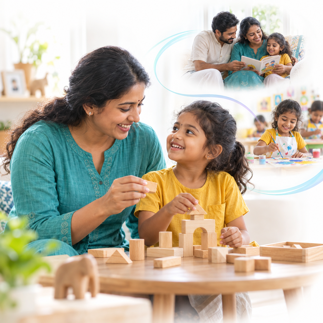 Illustrative family scene: a caregiver and child enjoying play and everyday moments together